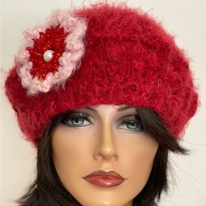 Hand Knits 2 Love Beanie Slouch Hat Cap Flower Pearl Burnt Red Designer Fashion